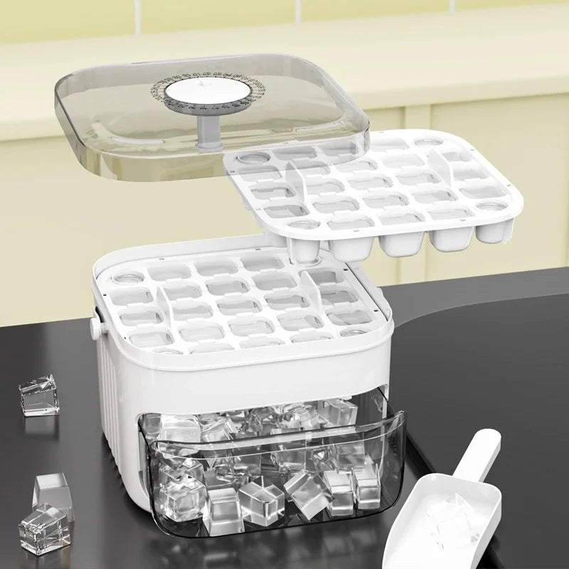 Compact Double Layer Ice Cube Tray with Lid and Bin, Pull-Out Ice Drawer with Portable Handle, Kitchen Accessories