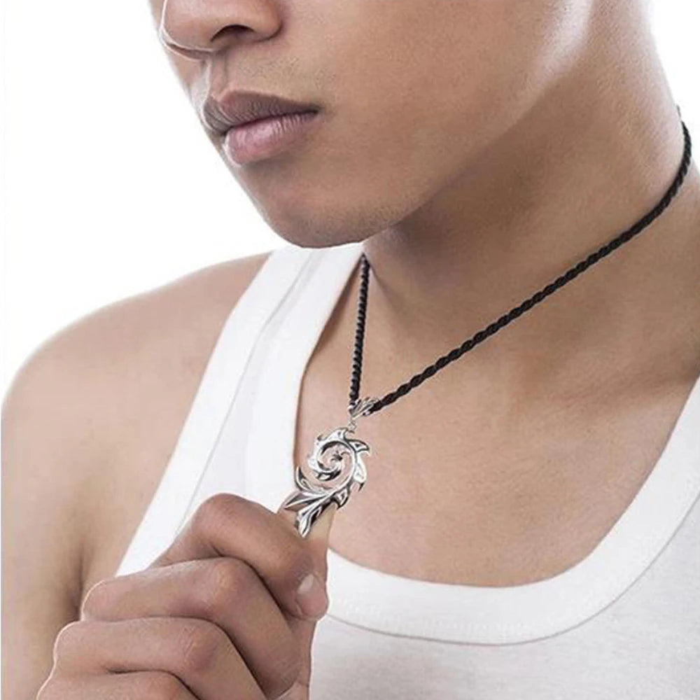 Men's Punk Dragon Flame Pendant Necklace with Cool Leather Chain Fire Phoenix Fashion Jewelry Gift Metal