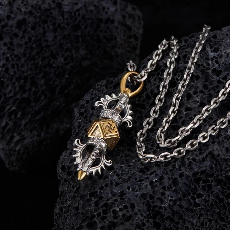 Tibetan Vajra Pendant Necklace — Gold-Tone Rotatable