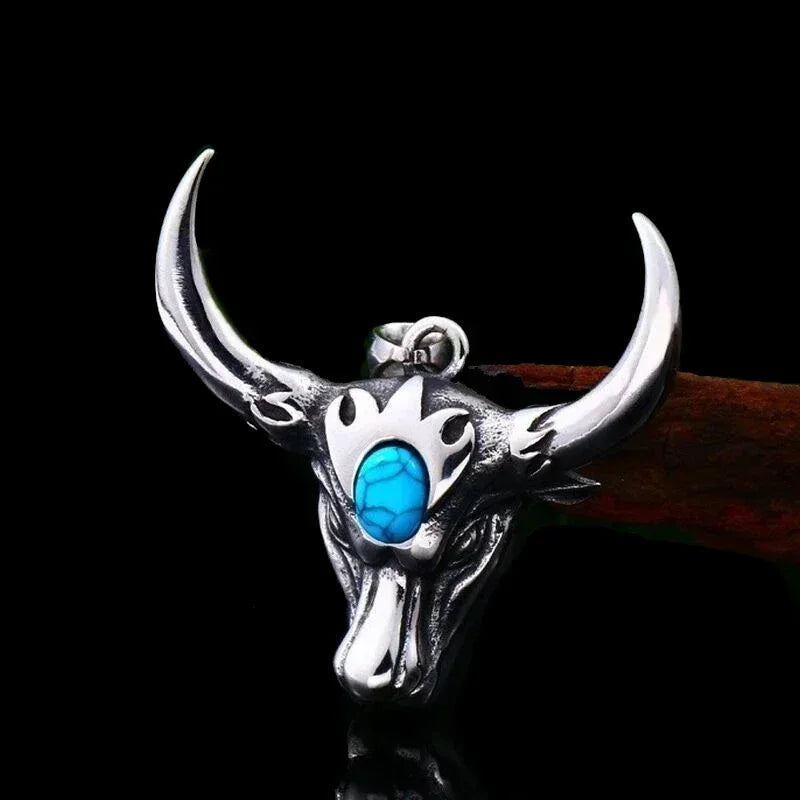 Retro Punk Turquoise Bull Head Pendant Necklace for Men Fashion Hip Hop Motorcycle Riding Trend Cool Personalized