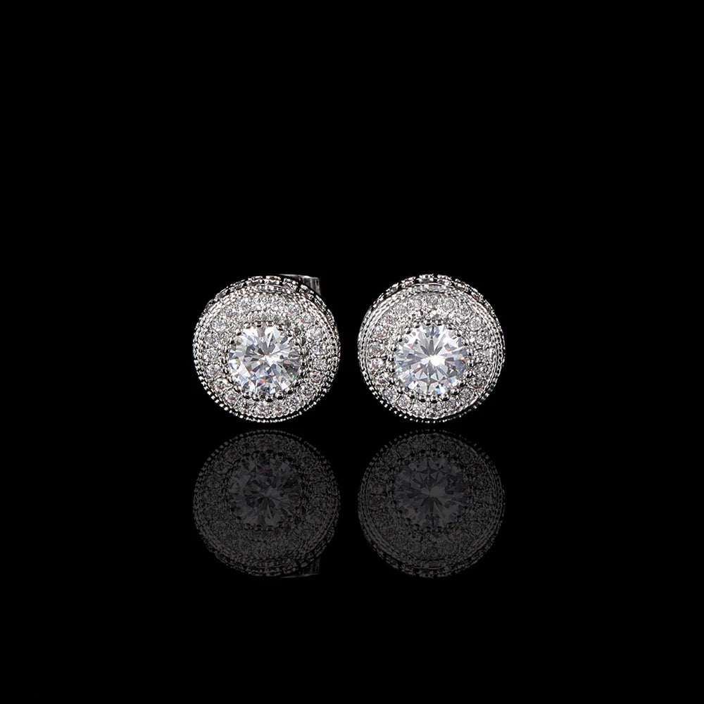 Iced Out Round CZ Stud Earrings Stainless Steel