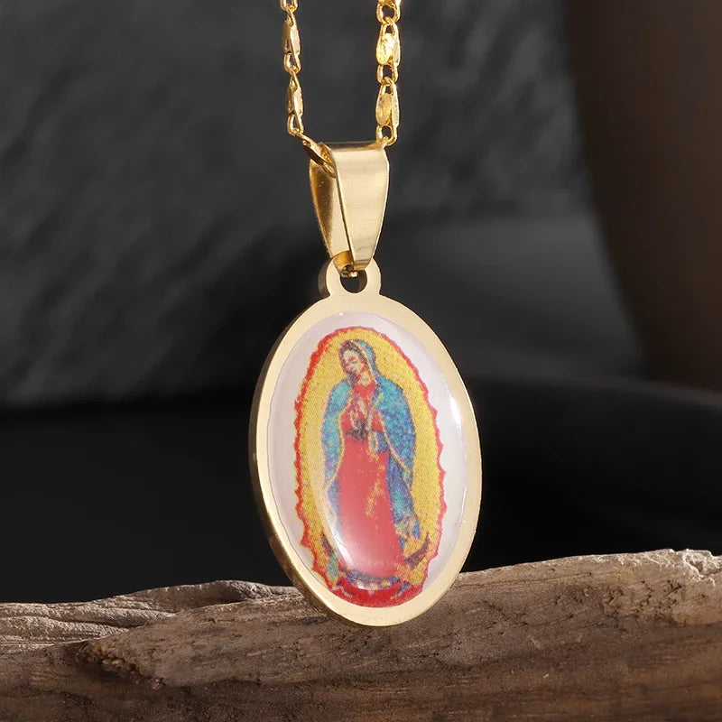 Stainless Steel Christian Virgin Mary Pendant Our Lady of Guadalupe Necklace Women's Religious Lucky Amulet Jewelry Gift