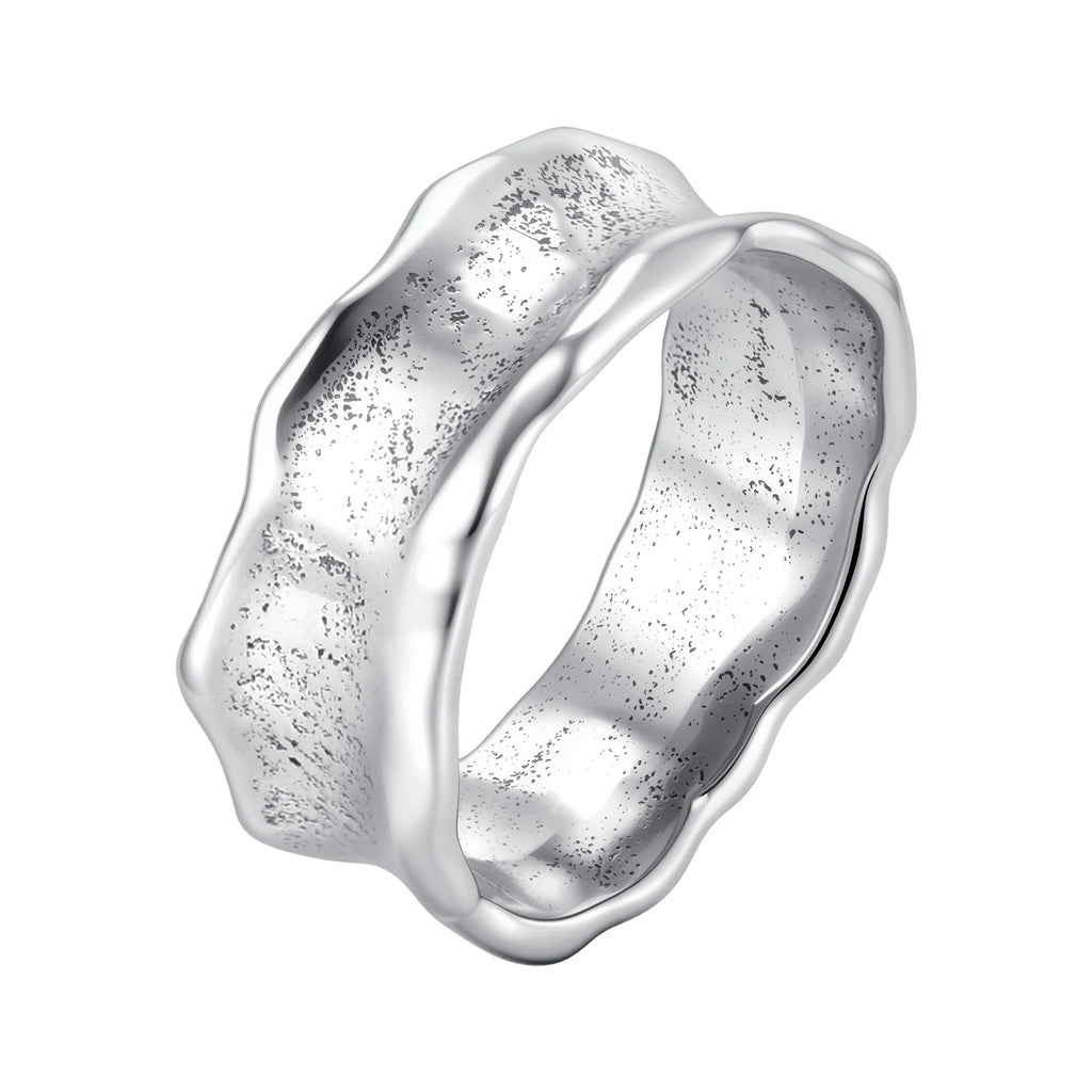 Men's Stainless Steel Vintage Irregular Hammered Ring High Polished 8mm Wide Band Ring Fashion Statement Jewelry Gift for Men