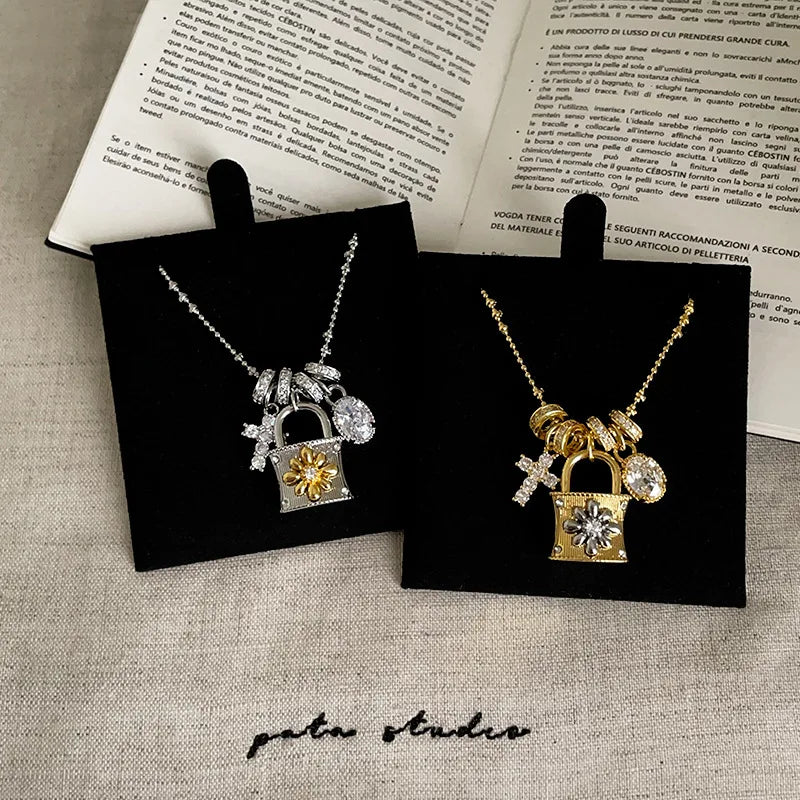 Lace Craft Running Ring Cross Pendant Lock Bag Necklace Luxury Premium Feel Collarbone Chain Niche New Sweater Chain
