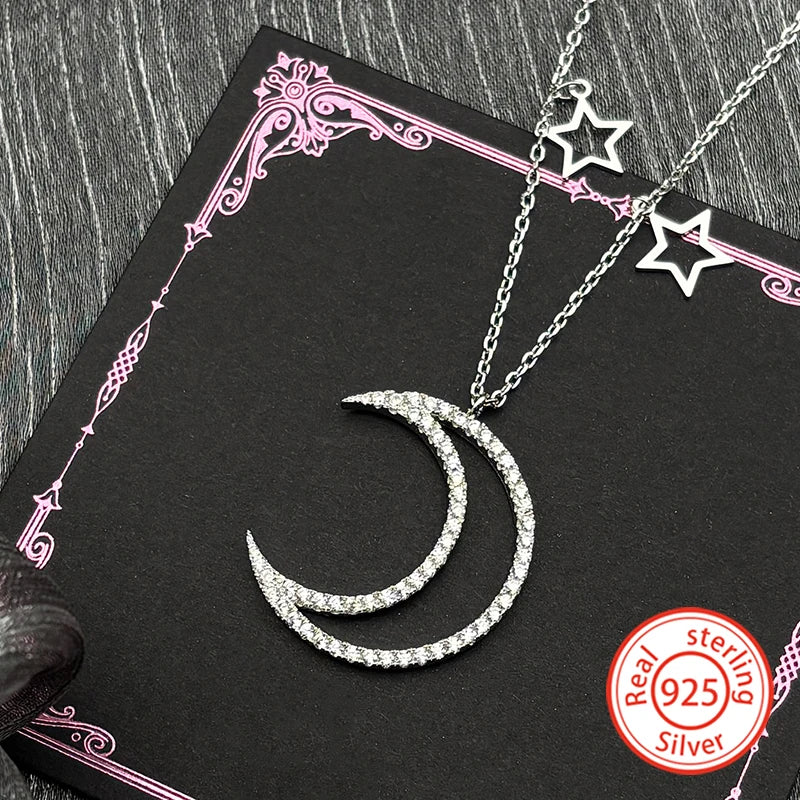 Star Silver Pendant Zircon Sterling Crescent Moon