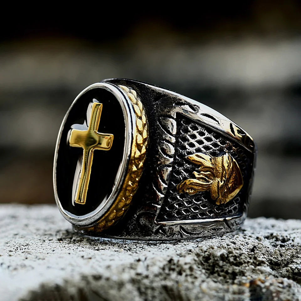Vintage Stainless Steel Sliver/Gold Color Cross Rings Punk Fashion Christian Signet Ring For Men Amulet Jewelry Gifts