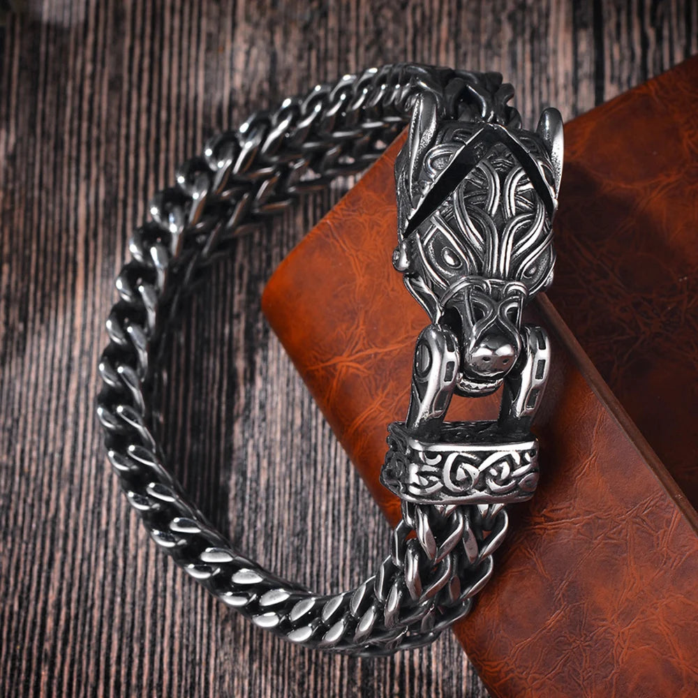 Nordic Viking Jewelry Punk Wolf Dog Snake Eagle Head With Double Mesh Link Chain Man Bracelet for Mn 19/21/23CM Long