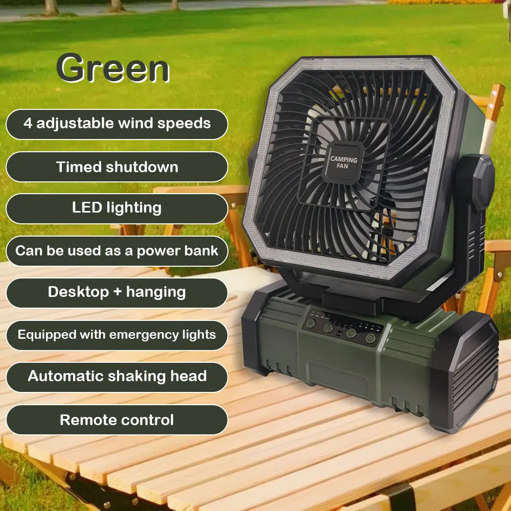 20000 mAh wireless battery-powered camping fan with LED light and remote control, 4 speeds, timer function, USB