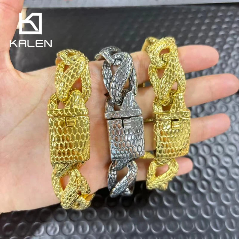 Kalen Snake Skin Cuban Link Men's Bracelet Punk Heavy Stainless Steel Motorcycle Jewelry Vintage Metal Accessory Gift
