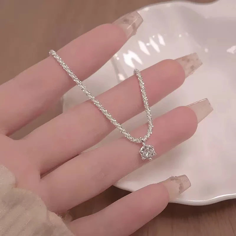 6 Prong CZ Sparkling Chain Necklace — Silver-Tone