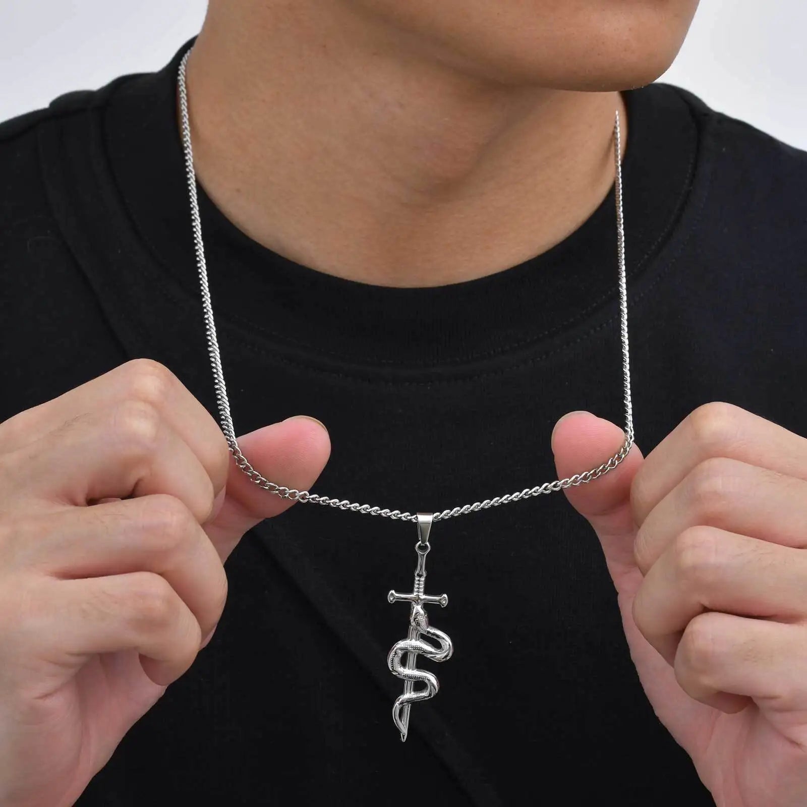 Cross Snake Cuban Chain Pendant Necklace