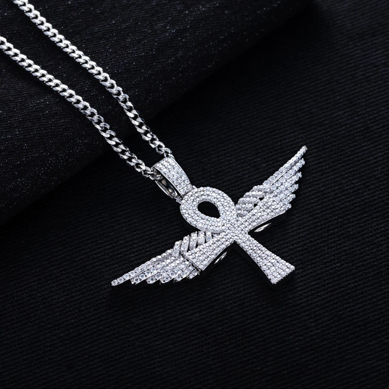 Iced Out Angel Wing Cross Pendant — 925 Silver