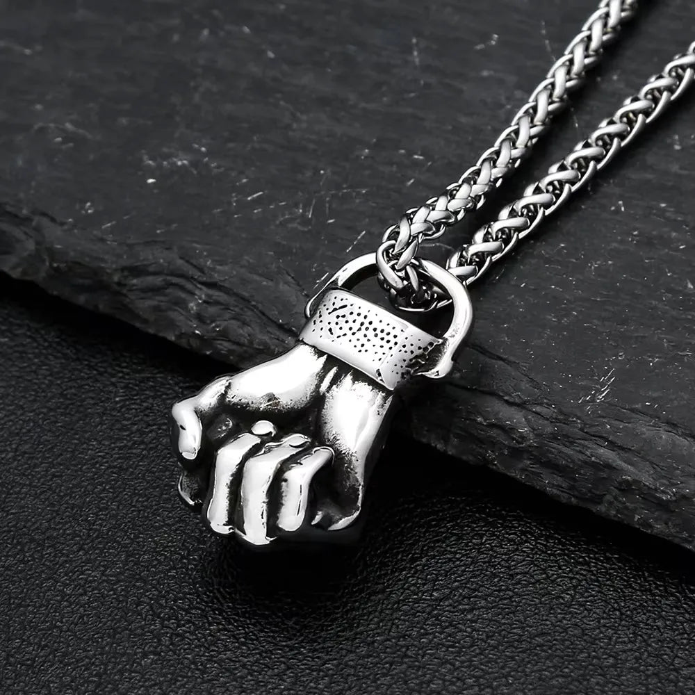 Retro Strength Fist Hand Pendant Necklace Stainless Steel Clenched Fist Hand Amulet Pendant Unisex Gothic Hip Hop