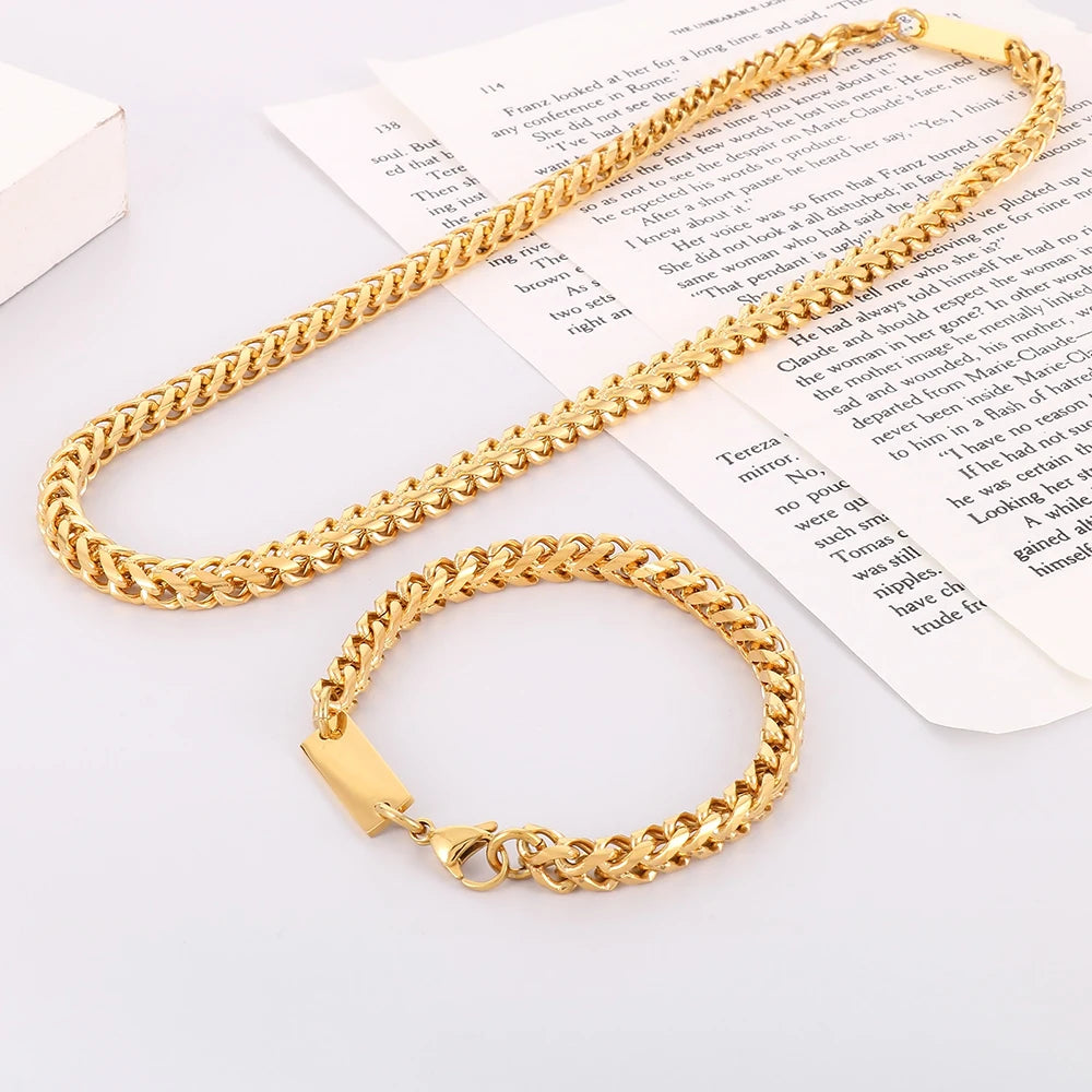 6MM Link Chain Bracelet Necklace Set for Man Luxury Gold Color Stainless Steel Jewelry Men's Necklace & Bracelets