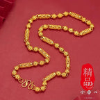 9999 24K real gold hollow men's necklace M-shaped buckle men's chain boutique open cylindrical necklace lantern beads