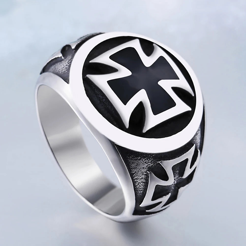 Black Iron Cross Pattern Ring — Stainless Steel