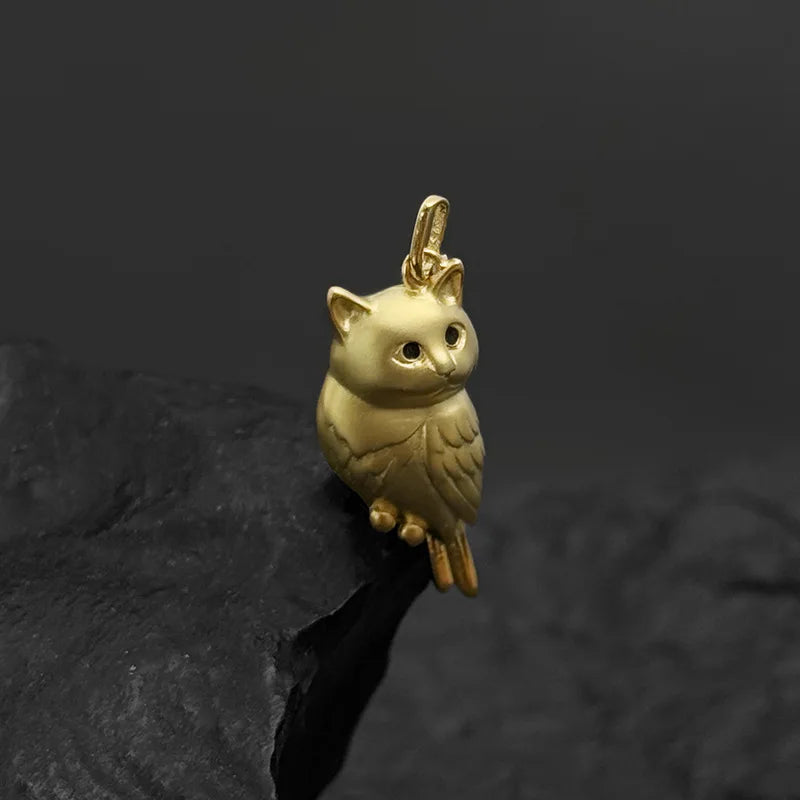 Golden Silver Colored Textured 3D Cute Owl Bird Necklace Pendant Women Lovely Animal Fashion Chic Dainty Pendant