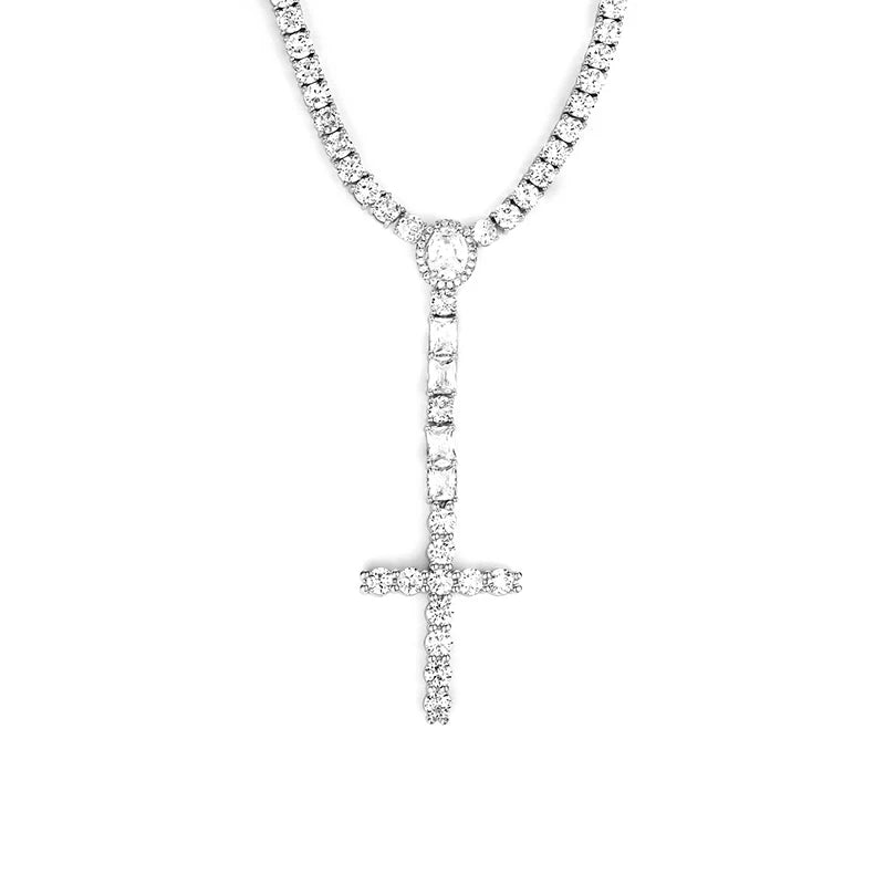 Iced Out Cross Pendant Tennis Chain Necklace — Copper Alloy
