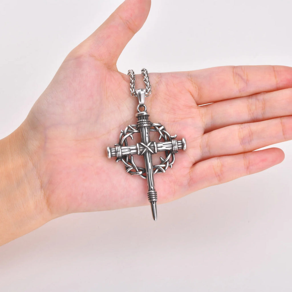 Thorn Crown Crucifix Necklace Franco Chain — Stainless Steel