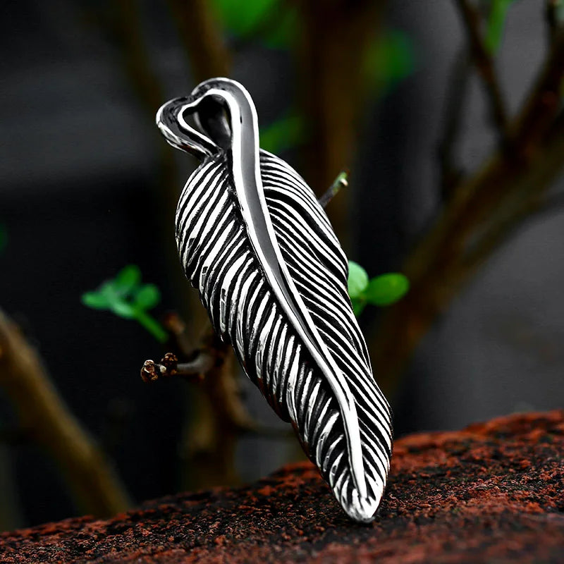 Iced Out Fire Feather Stainless Steel Pendant Necklace
