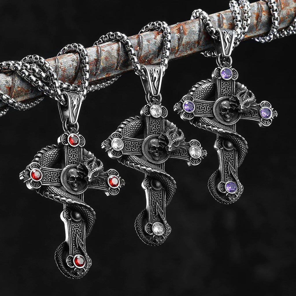 Skull Dragon Cross Pendant Necklace — Steel