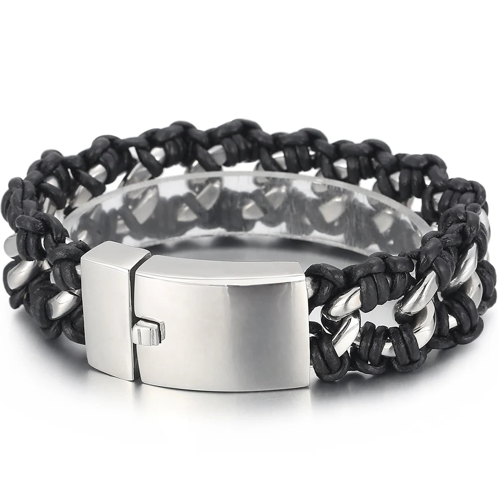 Men's 22MM Polished Stainless Steel Cuban Chain Bracelet for Men Braided Leather Wrap Bracelet Wristband Male Jewelry