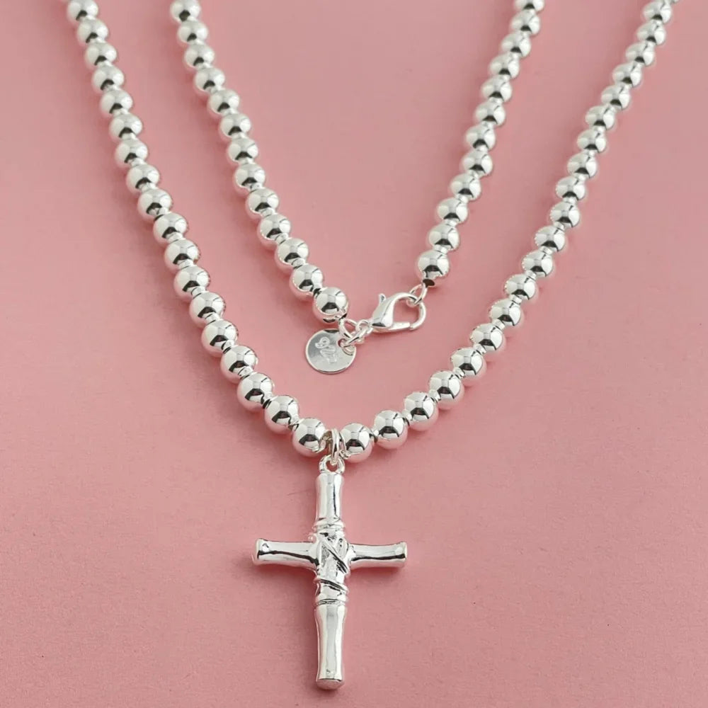 Buddhist Beads Chain Cross Pendant Necklace — Silver-Tone 6mm