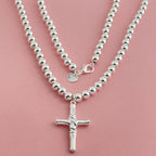 Buddhist Beads Chain Cross Pendant Necklace — Silver-Tone 6mm