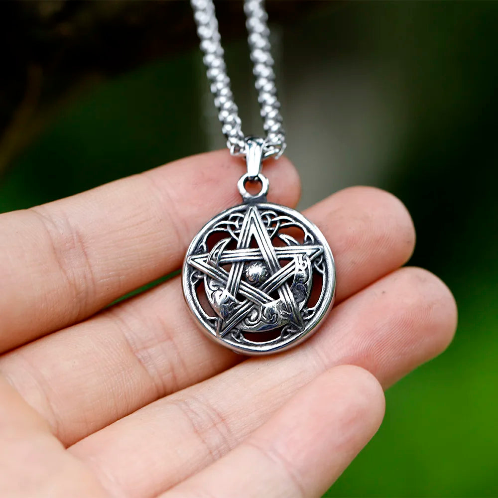 Star and Moon Pendant Necklace — Stainless Steel