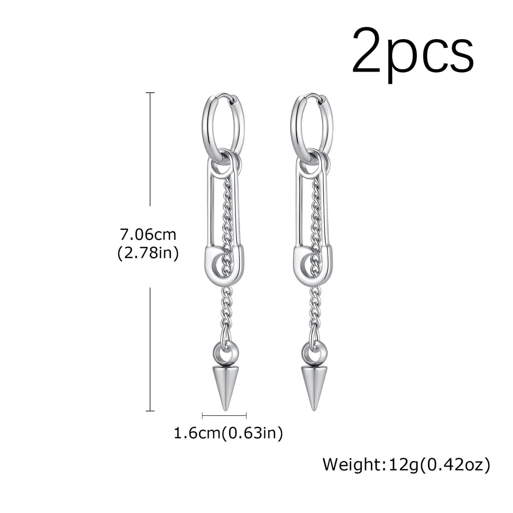 Safety Pin Rivet Chain Tassel Dangle Earrings — Stainless Steel