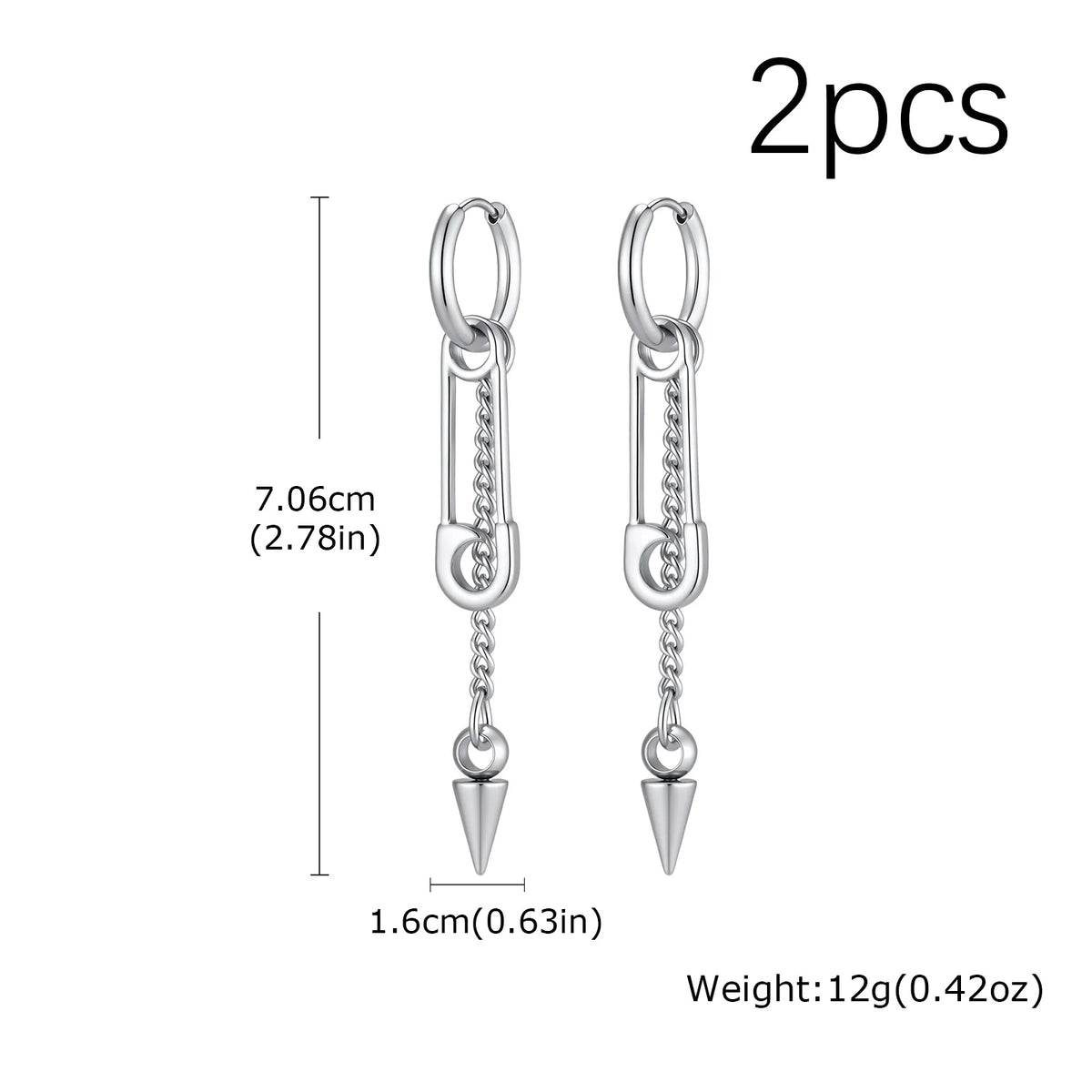 Hip-hop Punk Safety Pin Rivet Dangle Earrings for Men, Silver Color Stainless Steel Chain Tassel Earrings, Creative Jewelry