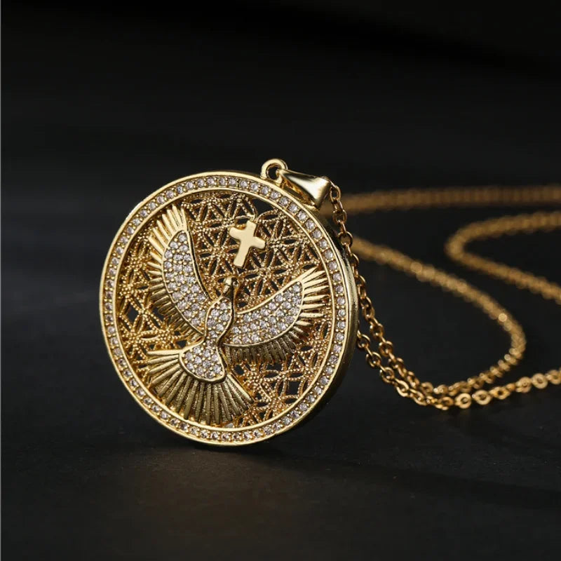 Flower of Life Eagle Cross Round Pendant Necklace — Copper Alloy