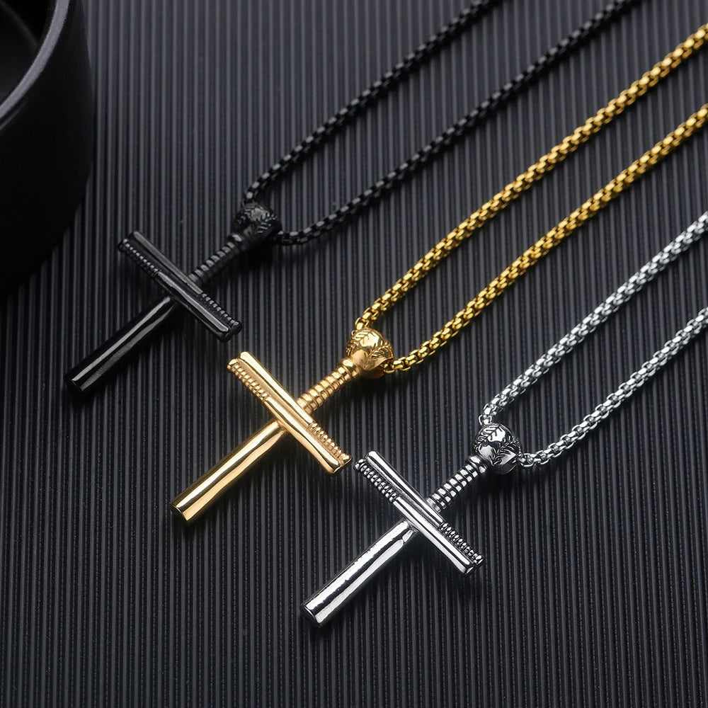 Cross Baseball Pendant Necklace Stainless Steel
