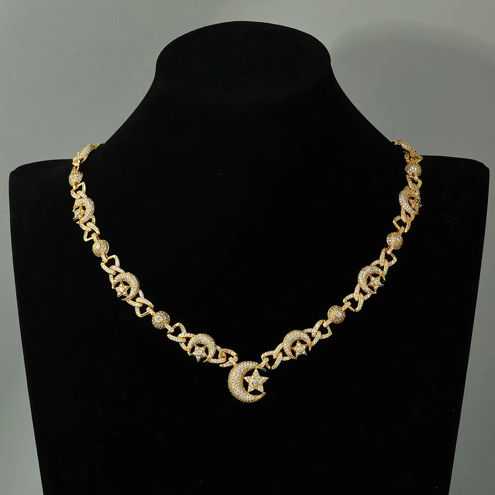 Iced Out Star Cuban Chain Necklace Moon CZ