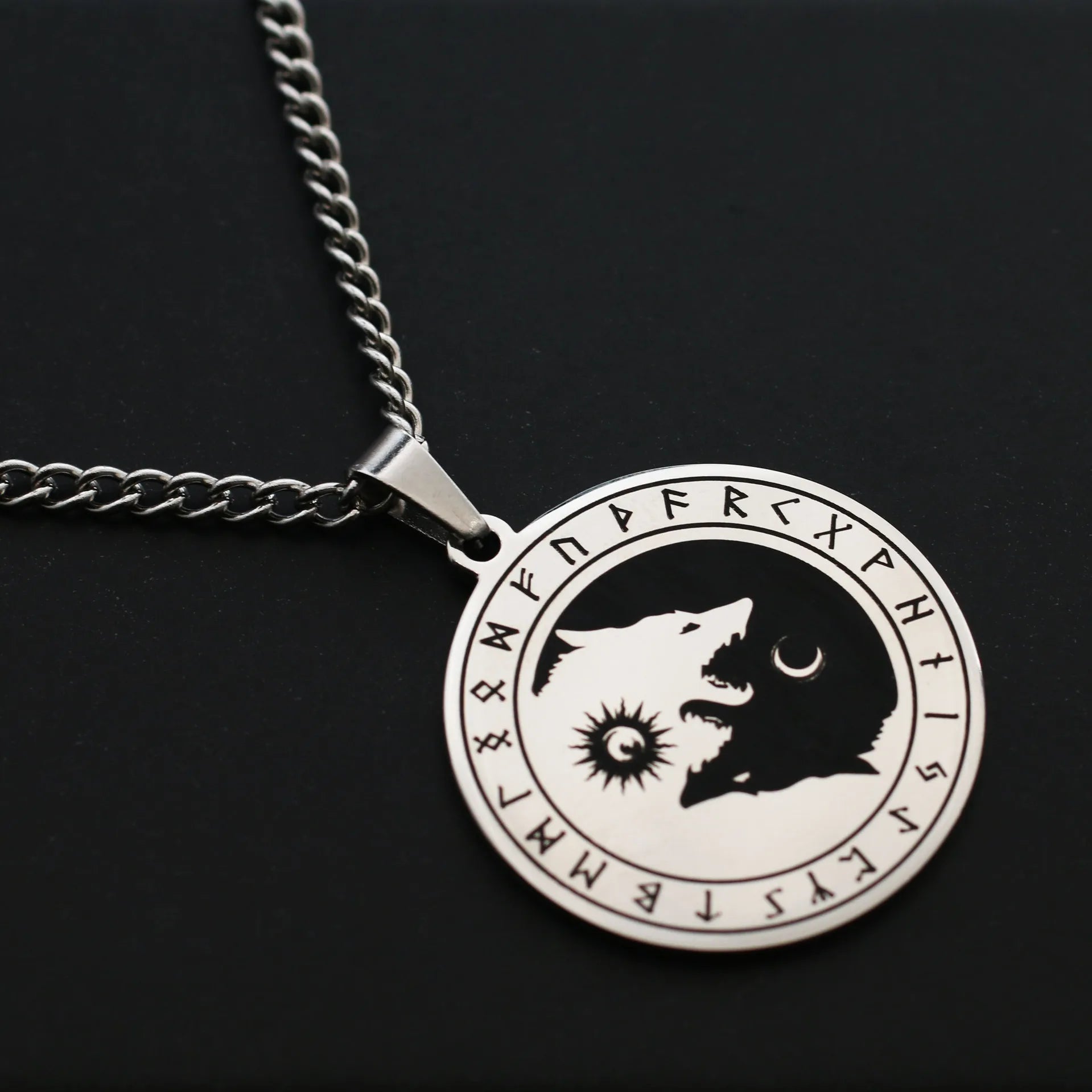Yin Yang Wolf Sun Moon Pendant — Stainless Steel