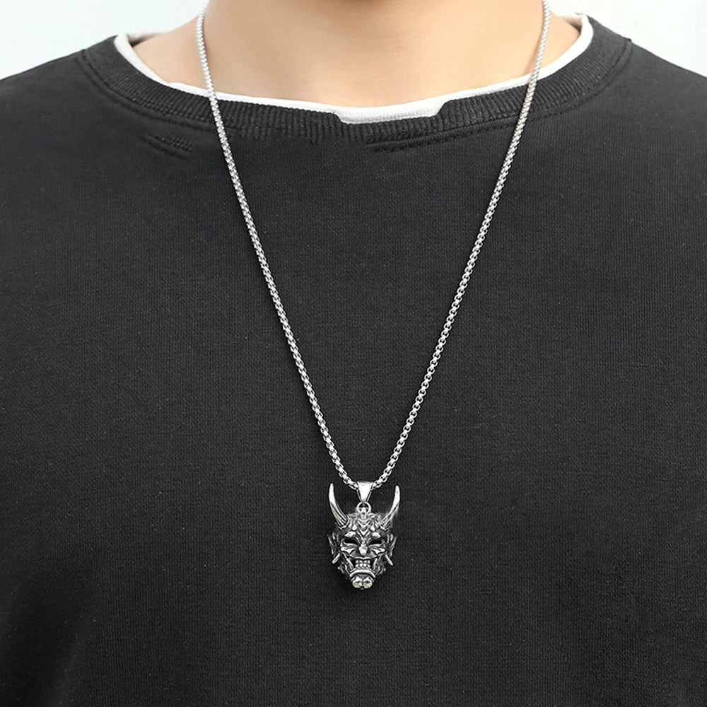 Long Horn Demon Mask Pendant — Stainless Steel