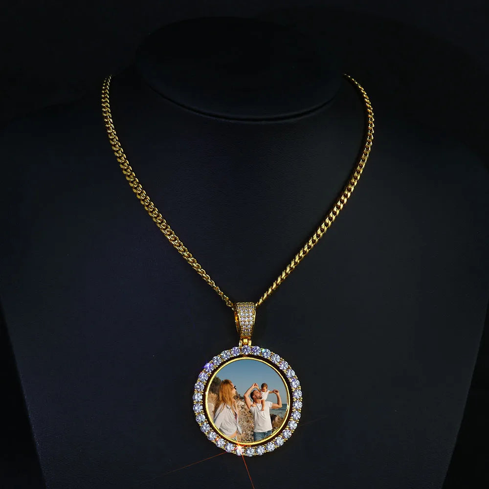 HHIOK Customized Necklaces Circle Chain Picture Personalized Diamond Memory Pendant with Photo Wing Design Gift for Men