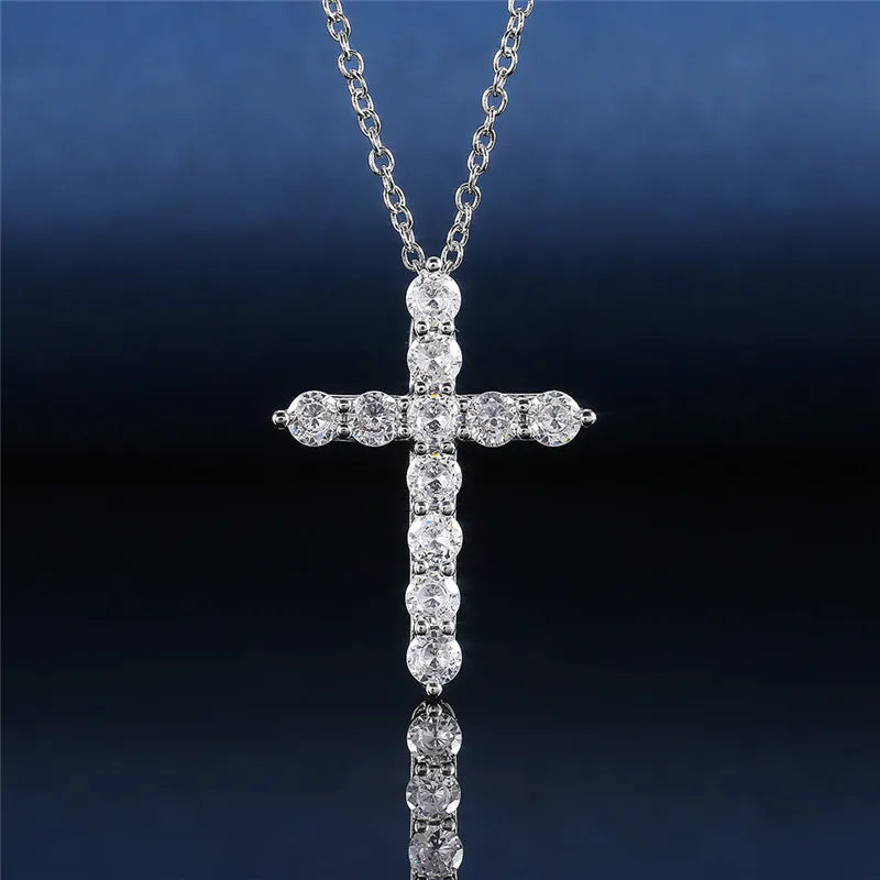 925 Sterling Silver Cross Necklaces for Female Brilliant Round CZ Stone Women's Neck Chain Hiphop Party Jewelry
