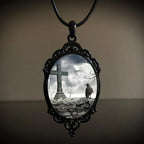 Gothic Crow Black Forest Charm Necklace Fashion Witch Jewelry Gift Pagan Cross Black Cat Skull Glass Pendant Necklace