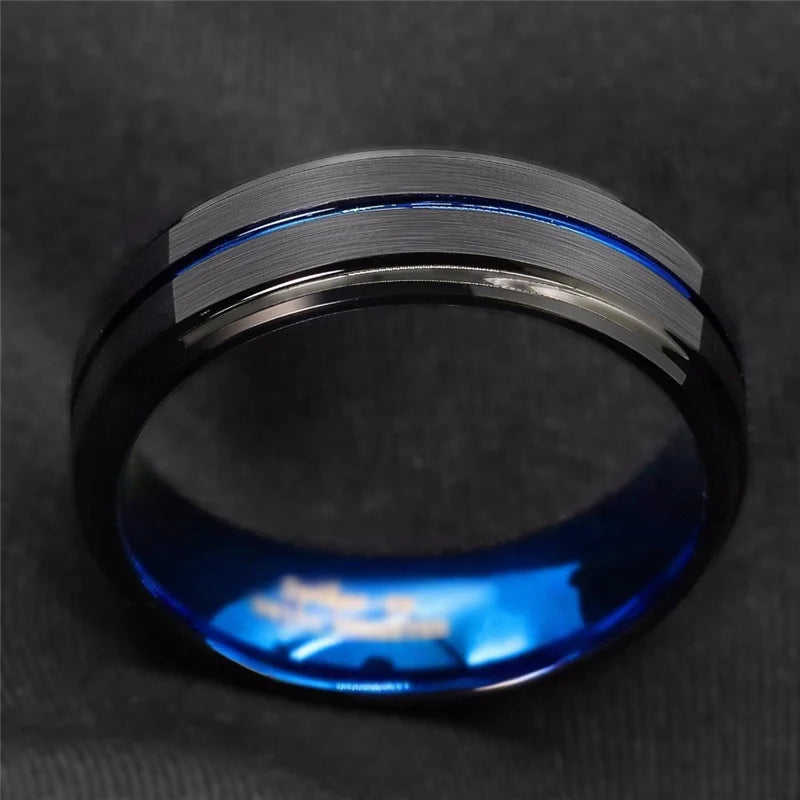 Fashion 8mm Men's Black Tungsten Wedding Band Rings Blue Groove Beveled Edge Knuckle Ring For Boyfriend Father's Day
