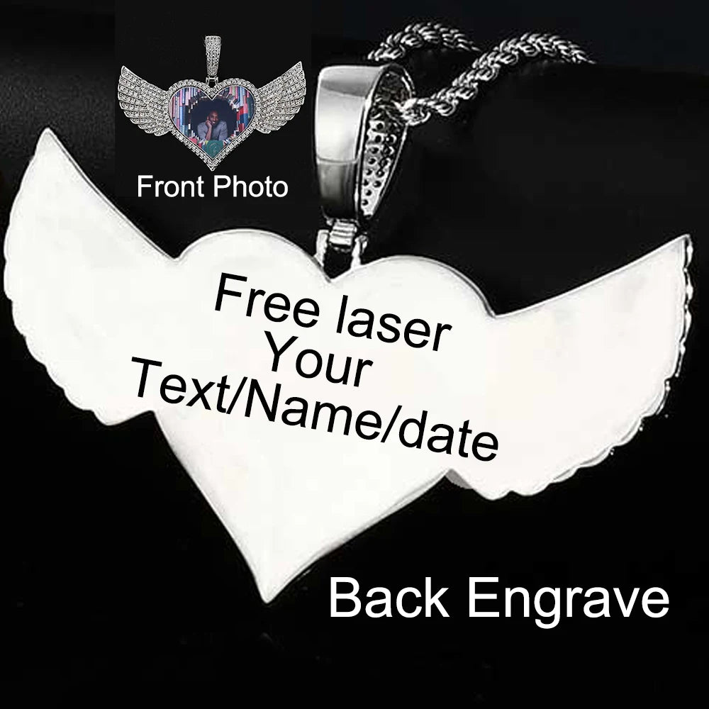 Angel Wings Photo Pendant Necklace Iced Out