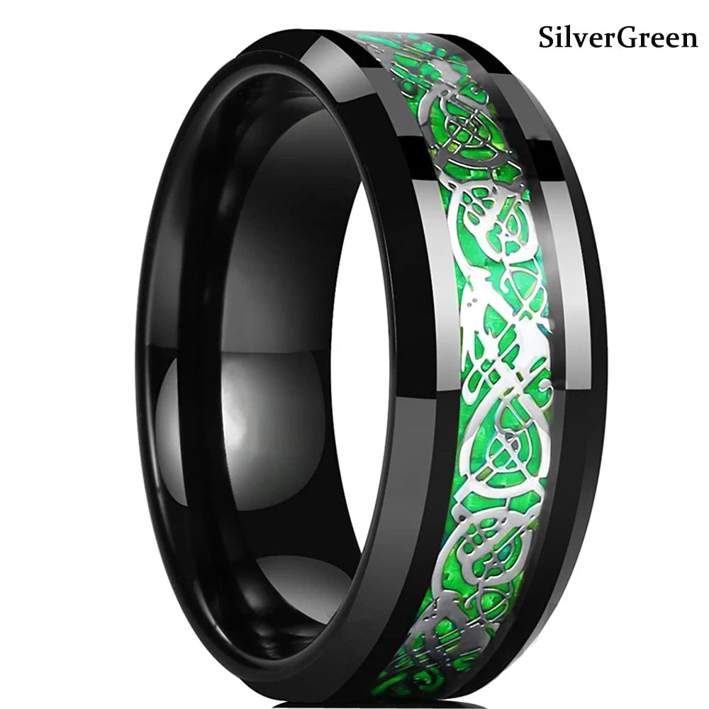 Fashion 8mm Stainless Steel Celtic Dragon Rings For Men Inlay Purple Carbon Fiber Rings Wedding Band Jewelry Birthday Gifts