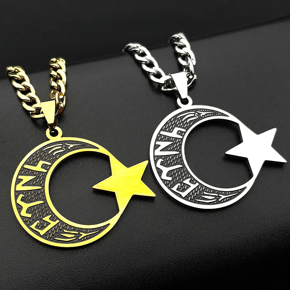 Muslim Islam Black Enamel Moon Star Stainless Steel Pendant Necklace for Women Men Gold Color Hebrew Hip Hop Chain Jewelry Gift