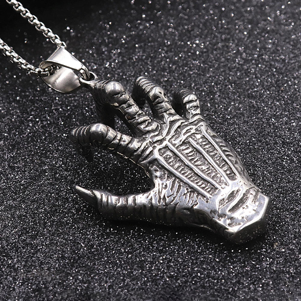 Vintage Skull Hand Demon Eye Necklace Pendant Men's Punk Biker Stainless Steel Hell's Eye Pendant Fashion Men Chain