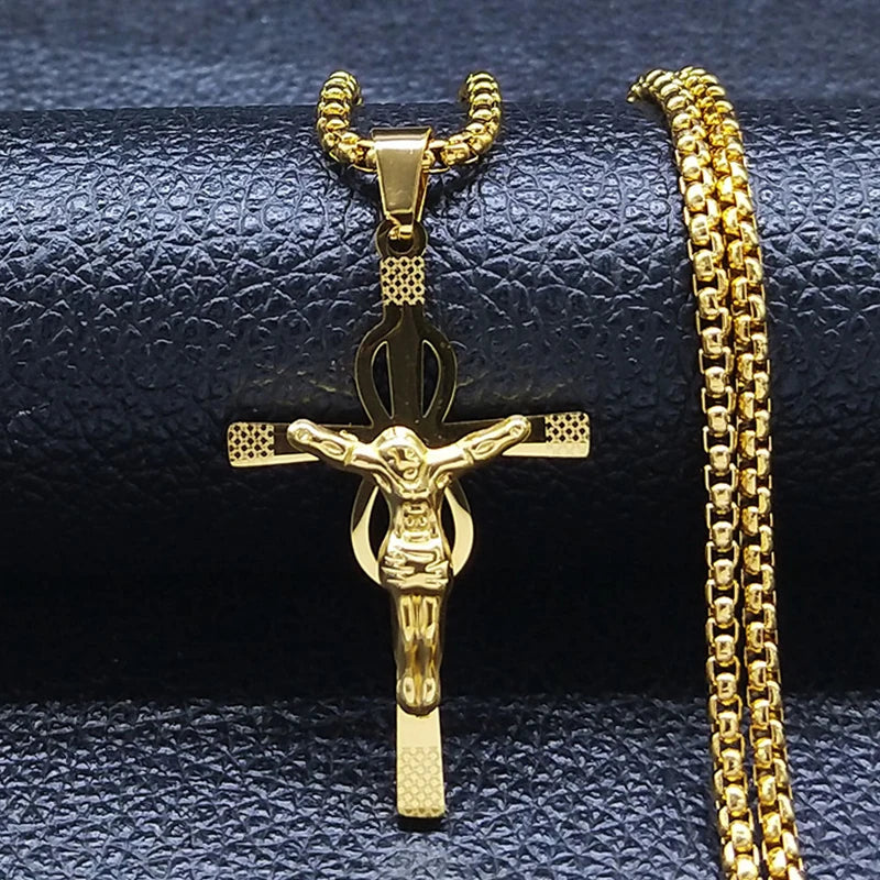 Catholic Orthodox Cross Necklace Stainless Steel Gold Color INRI Crucifix Jesus Necklaces Holy Jewelry cordao masculino