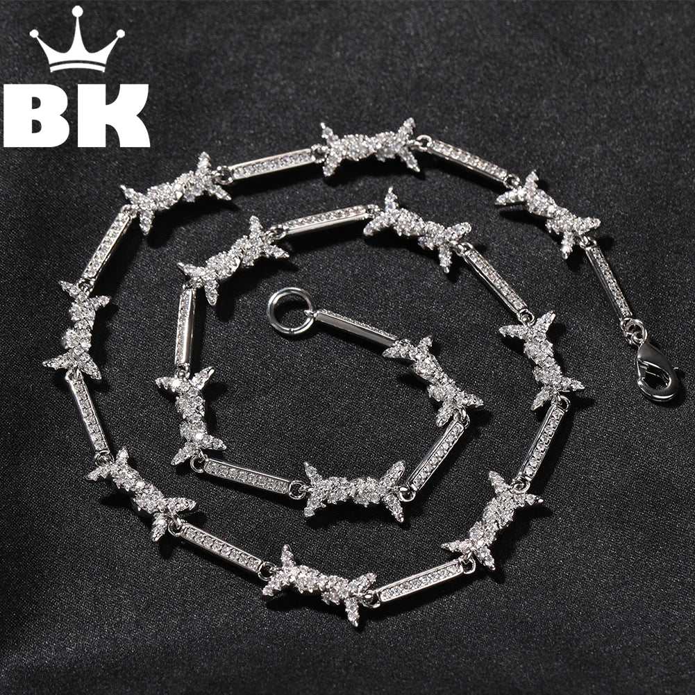 THE BLING KING 3mm Thin Iced Barbed Wire Necklace Micro Paved Cubic Zirconia Punk Twist Spiked Thorns Charm Link Chain Choker