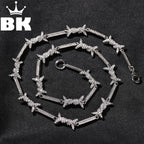 THE BLING KING 3mm Thin Iced Barbed Wire Necklace Micro Paved Cubic Zirconia Punk Twist Spiked Thorns Charm Link Chain Choker
