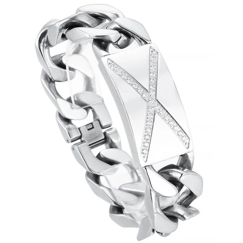 Massive Man Bracelet 20MM Width Men's Stainless Steel Cuban Link Chain Bracelet with CZ Gothic Biker Jewelry Accessory