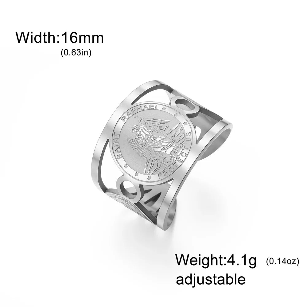Archangel Saint Michael Gabriel Raphael Ring Adjustable Open Stainless Steel Protection Amulet Finger Rings Blessing