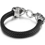 Gothic Punk Style Double Skull Head Bracelet for Men Retro Stainless Steel & Braided Leather Men's Bracelets Jewelry